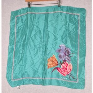 Cacharel Vintage Silk Scarf Teal Green Floral Print Square Made in Japan 28x27
